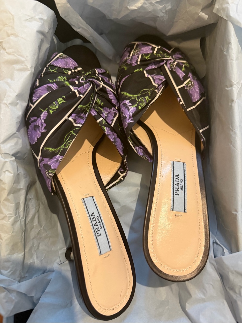 Prada Black & Purple Floral Kitten Heels